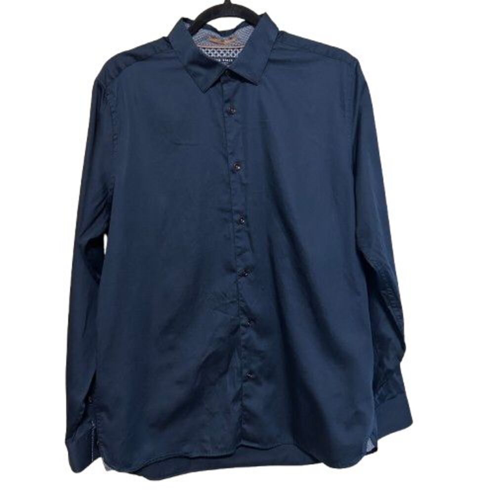 Ted Baker Button Up Shirt Mens 5 XL Navy Blue Contrast Geometric Flip Cuff